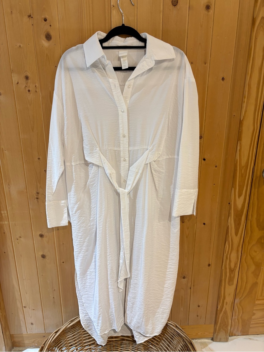 H&M White Button-Front Shirt Dress with Waist Tie